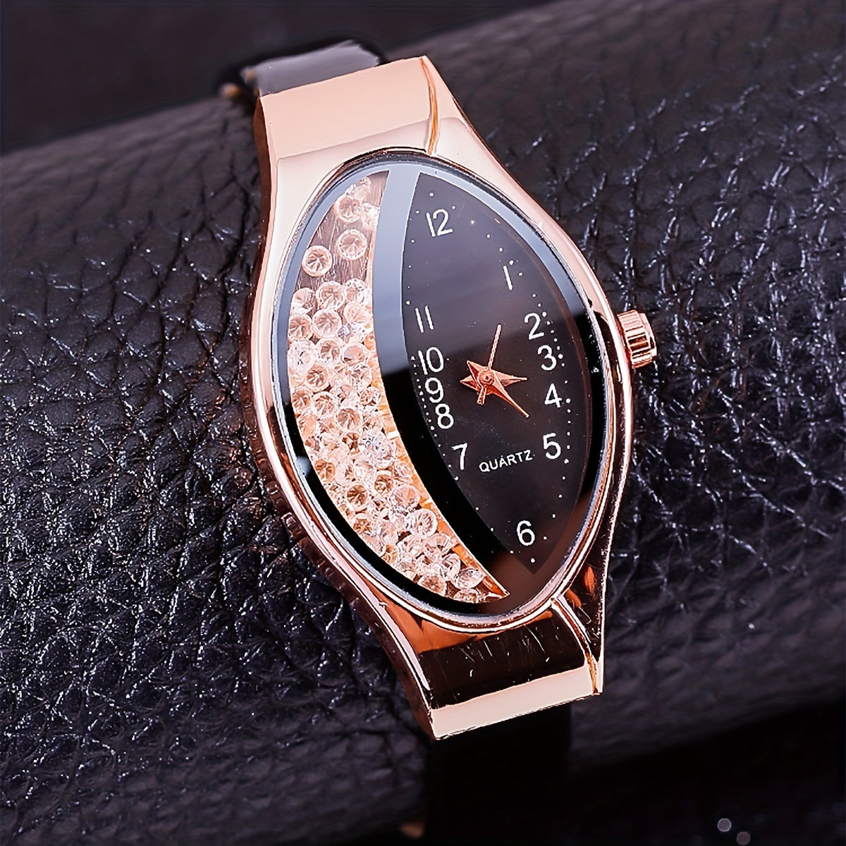 Women's Quartz Watch Oval Pointer Quicksand Dial PU Leather Band