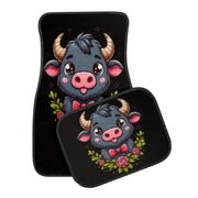 4PCS Non-Slip Water Absorbent Highland Cow Pattern Car Floor Mats for Sedan SUV