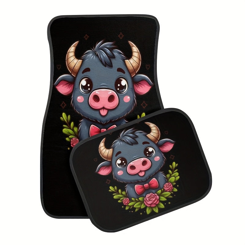 4PCS Non-Slip Water Absorbent Highland Cow Pattern Car Floor Mats for Sedan SUV