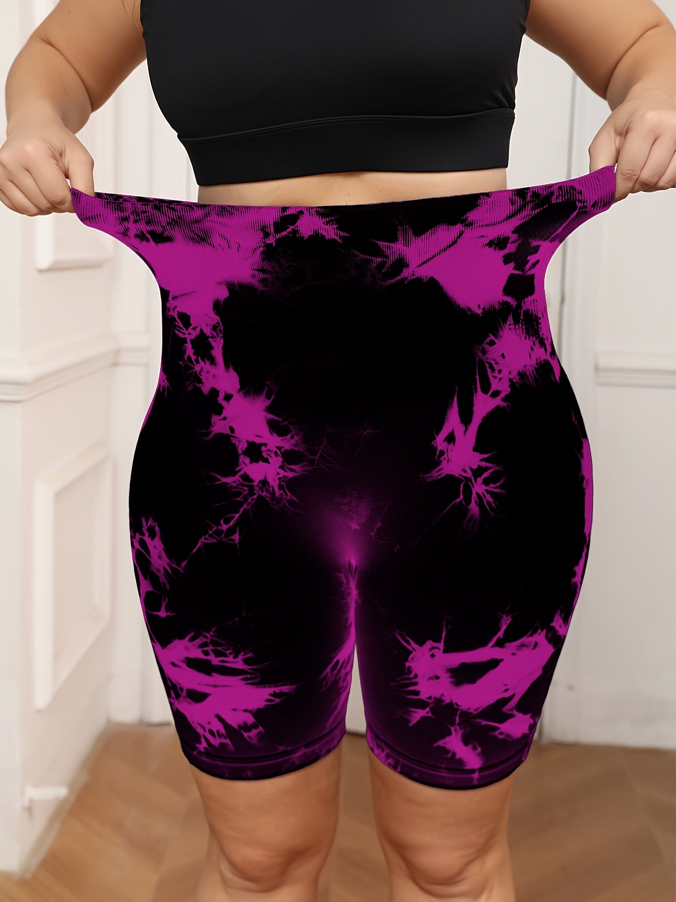 Plus Size Women's High-Waisted Tummy Control Yoga Shorts Tie-Dye Stretchy | Summer Workout Casual