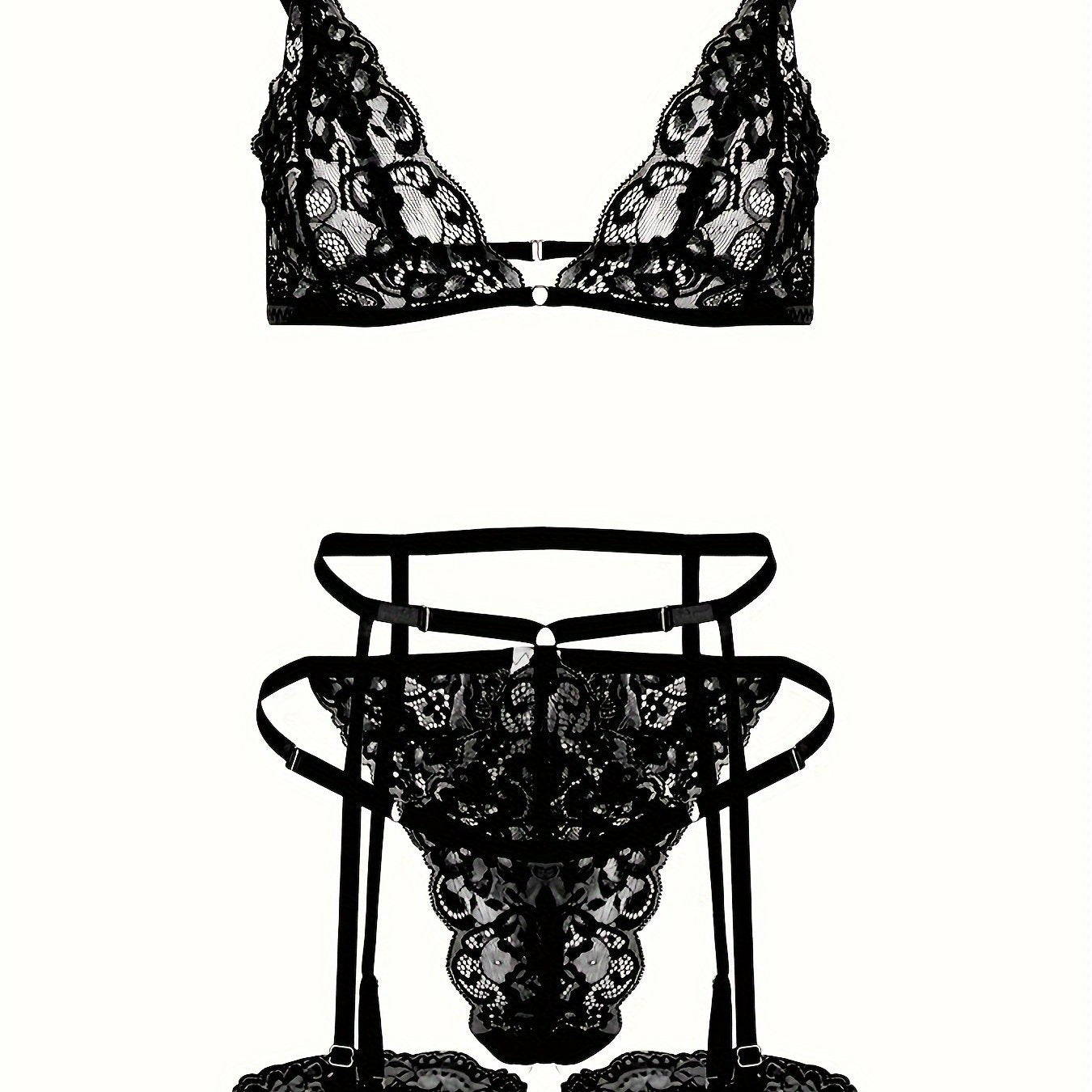 Sexy Lingerie Set with Lace Triangle Cup Bra, Panties, Suspender Socks, and Seduction Ring