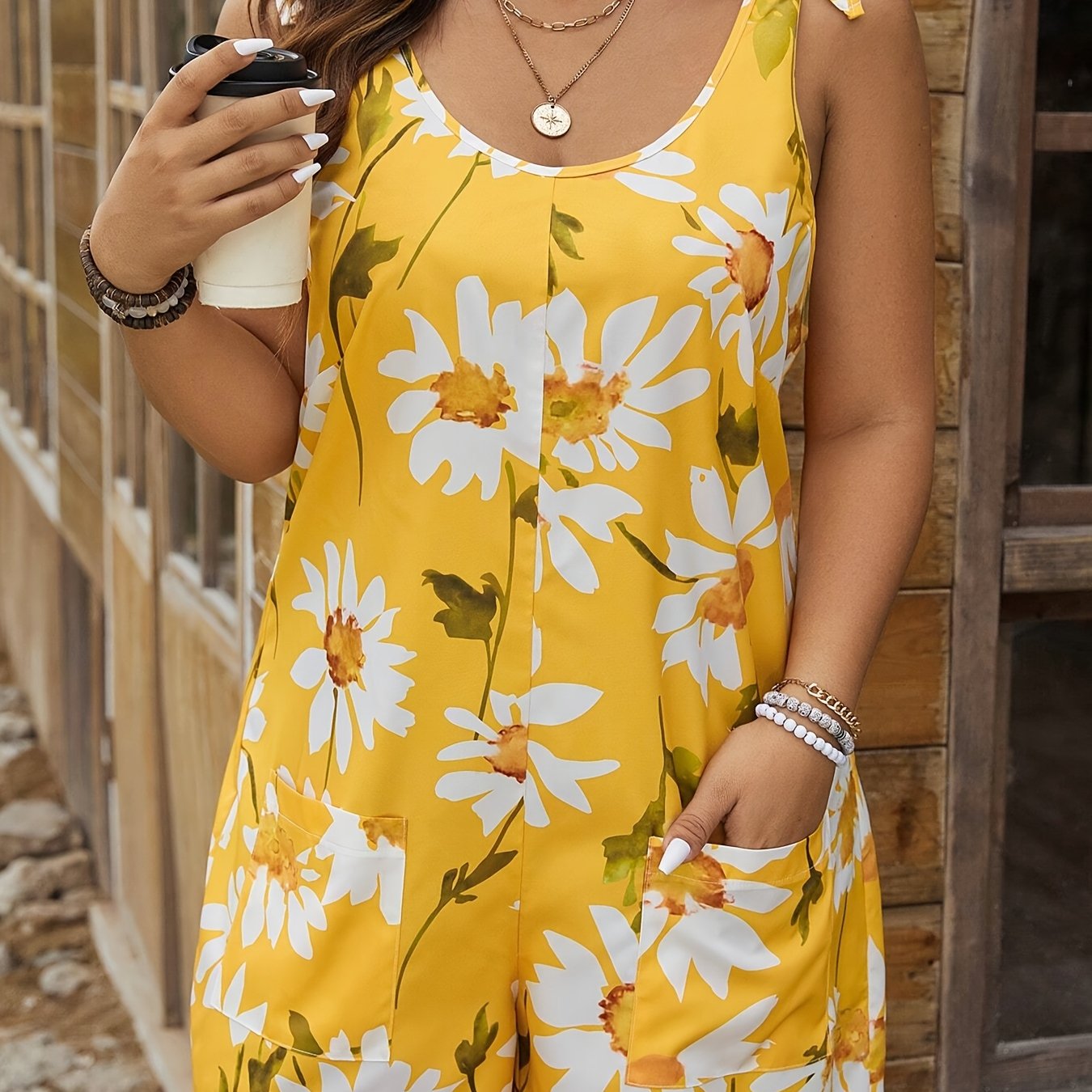 Women's Floral Print Sleeveless Jumpsuit with Pockets for Summer Vacation