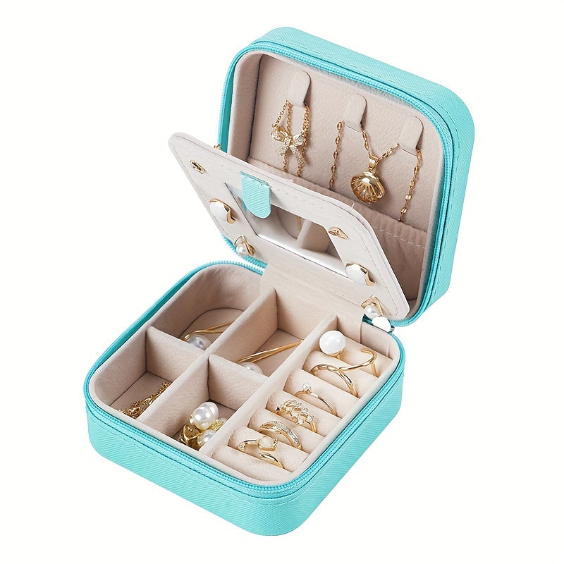 Organizador portátil de joyas con espejo, cubierta con cremallera y apertura abatible para anillos, pendientes y collares