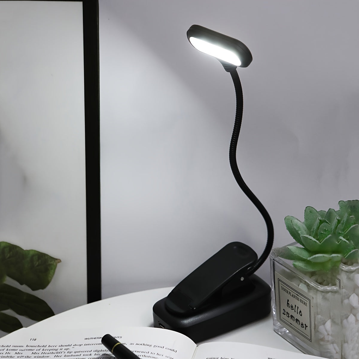 White LED Book Light with Adjustable Arm and Clip for Reading at Night