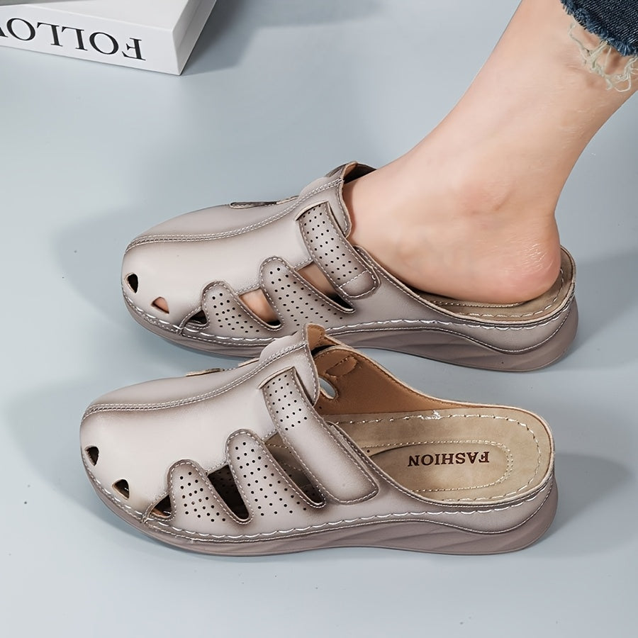 Women's Perforated Leather Slides with Wedge Heel and Anti-Slip Sole