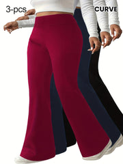 Women Stretchy High-Waist Flare Pants 3-Pack Tummy Control Black Red Navy