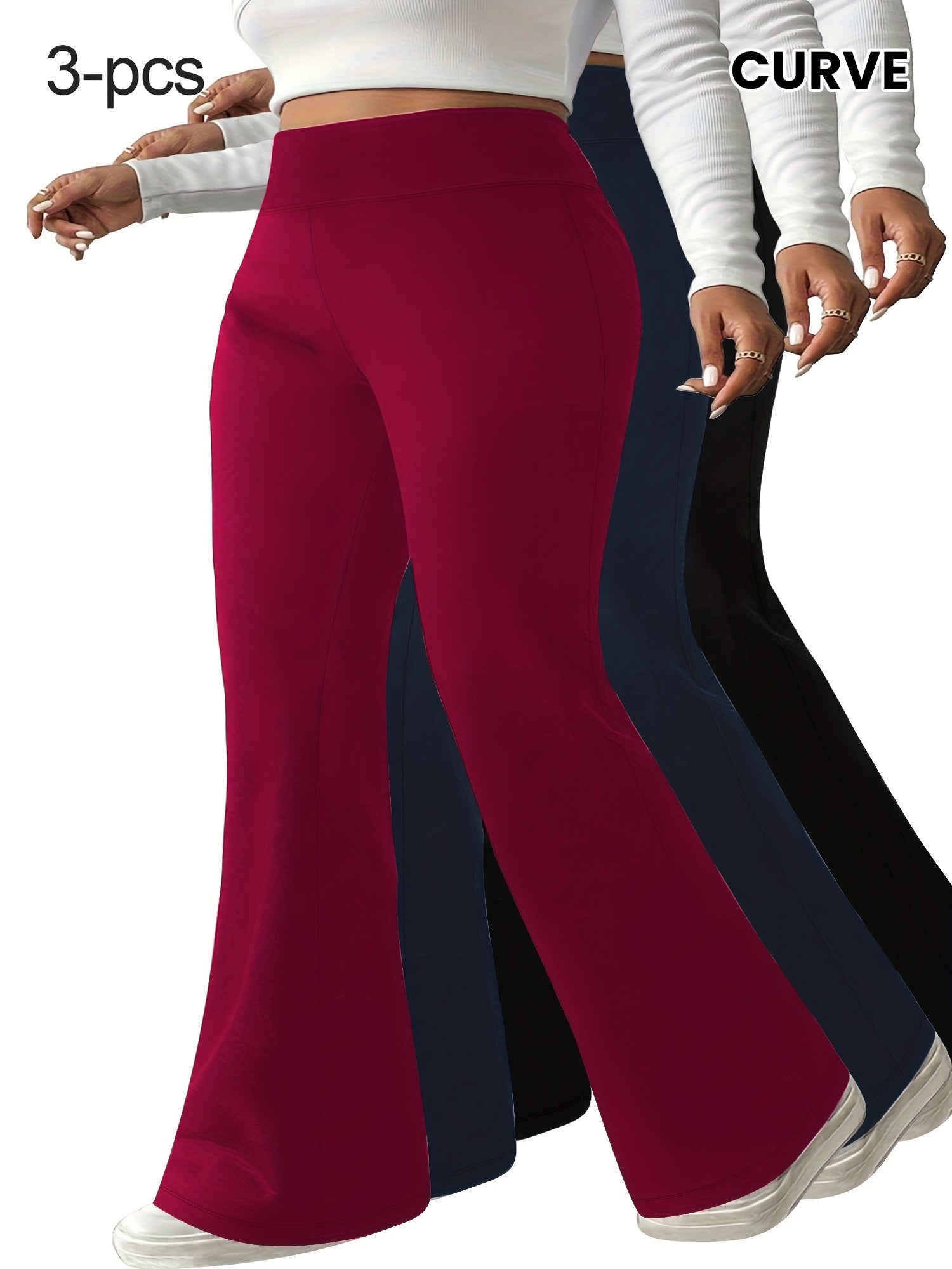 Women Stretchy High-Waist Flare Pants 3-Pack Tummy Control Black Red Navy