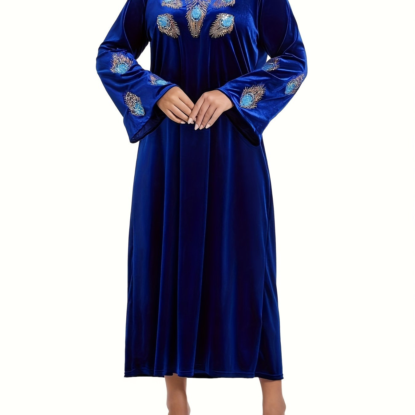 Vestido largo bordado para mujer, mezcla de poliéster, patrón de animales, cuello redondo, para todas las estaciones, corte recto