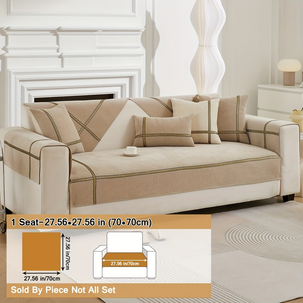 Серый чехол на диван из шенилля с золотой плетеной отделкой, противоскользящий, подходит для домашних животных, для 1-4 местных