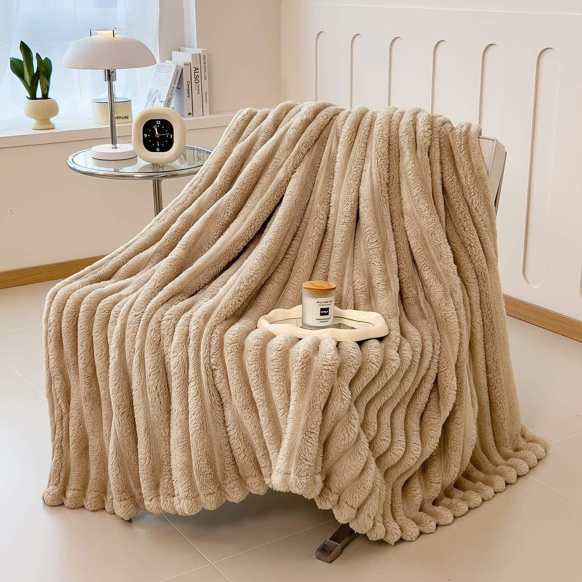 Striped Plush Blanket Double-Sided Fleece All-Season Knit Polyester Machine Washable
