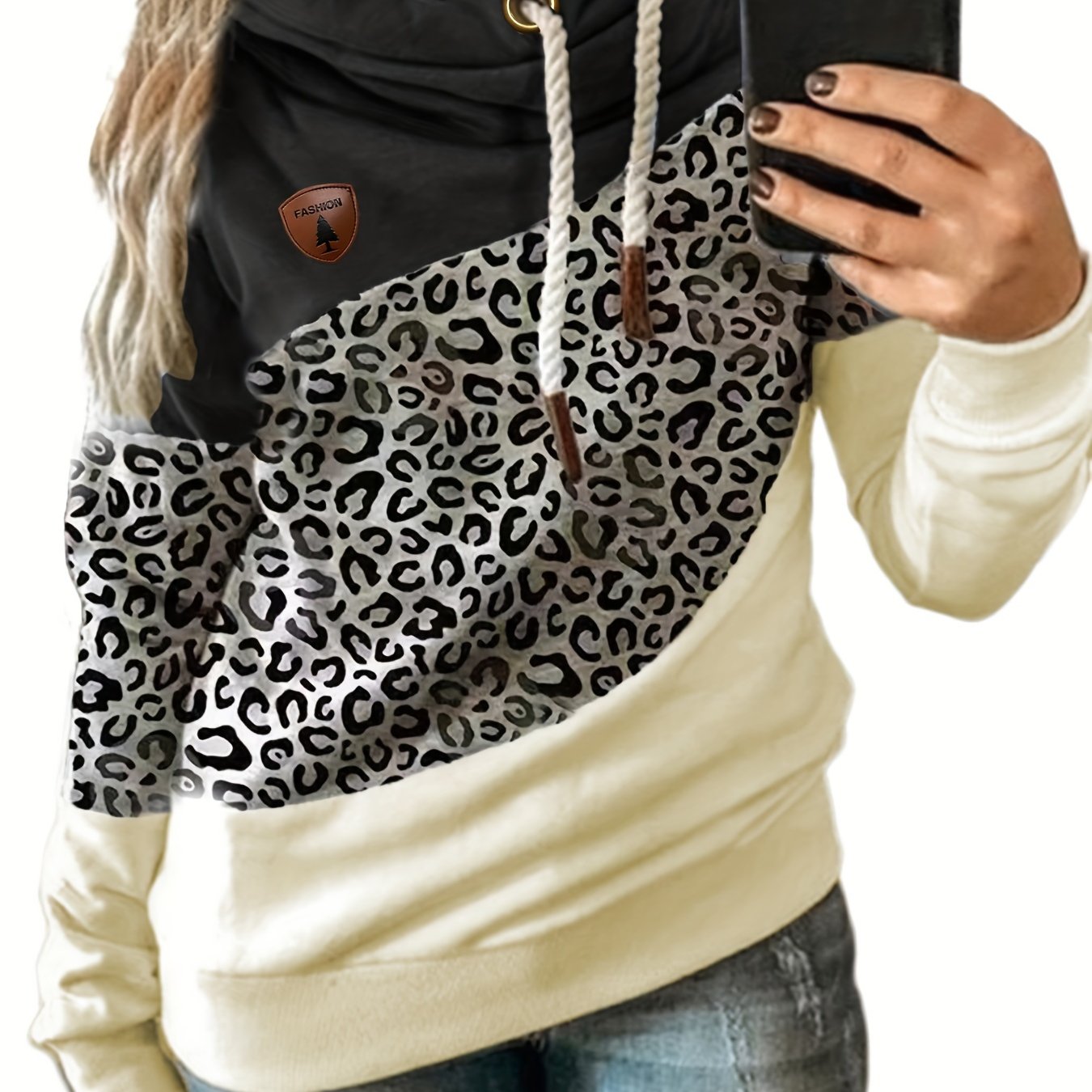 Plus Size Women's Colorblock Leopard Print Hoodie Long Sleeve Sweatshirt