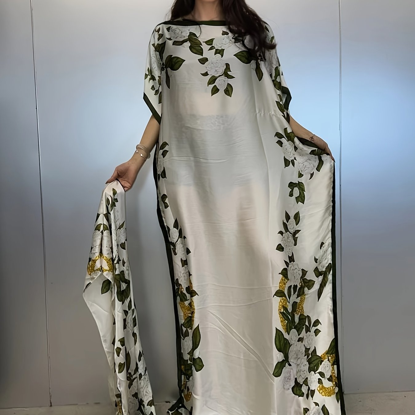 Women's Abaya Maxi Dress Floral Green White Black Modest Muslim Formal Wear