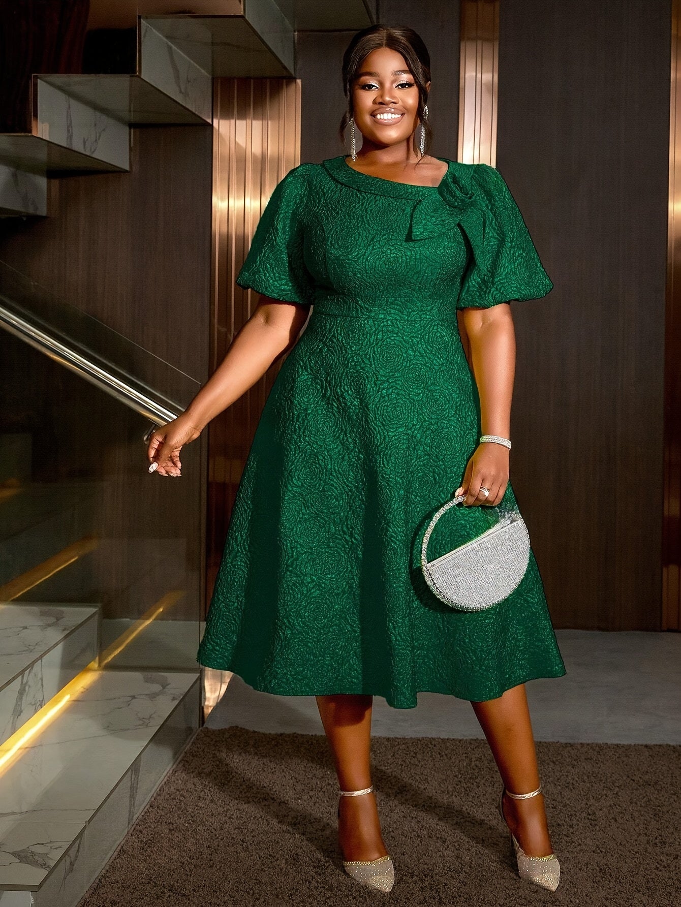 Plus Size Women's Rose Jacquard Flared Sleeve A-Line Skirt Dress for Parties