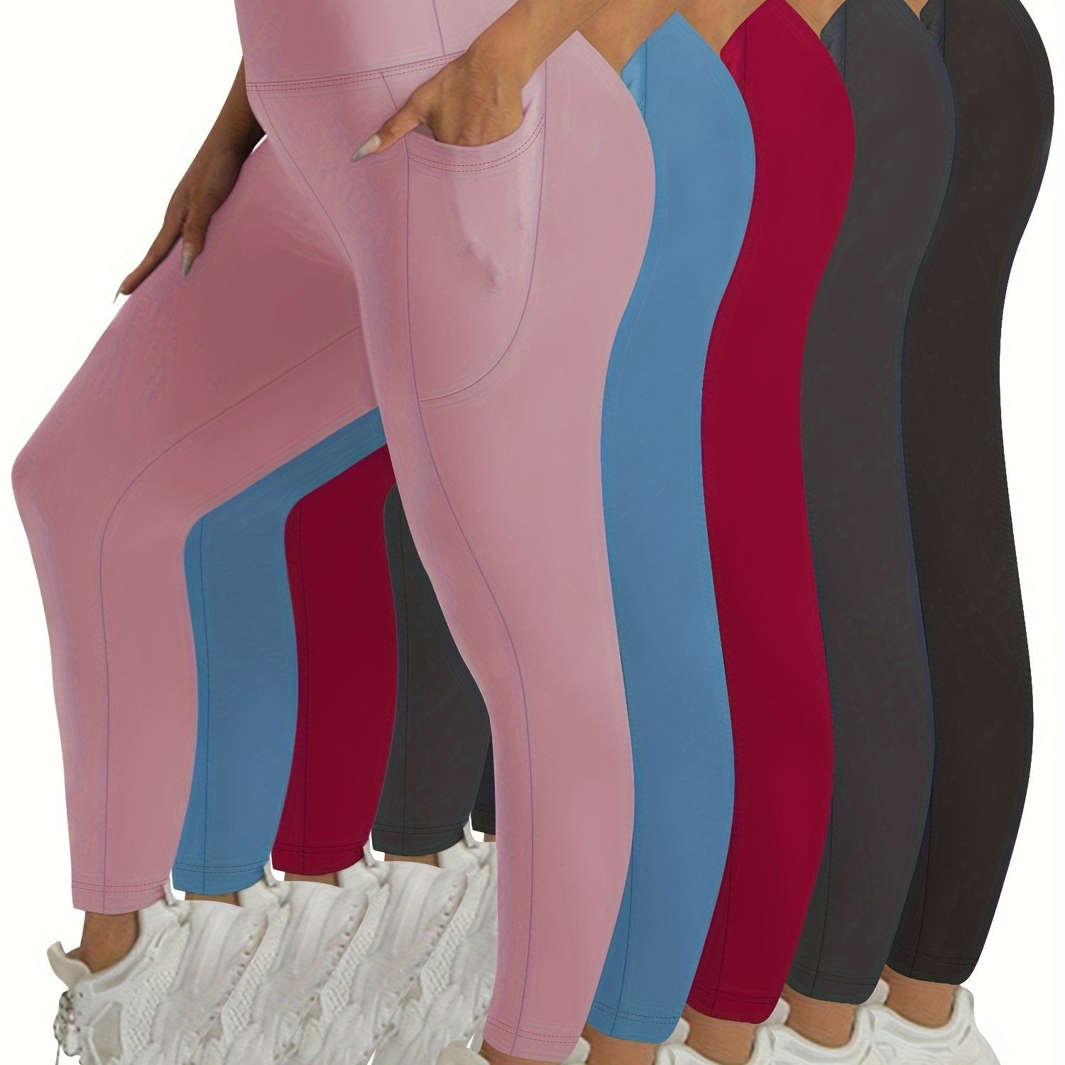 Plus Size Women’s Tummy Control Leggings 5-Pack High-Waisted Pockets