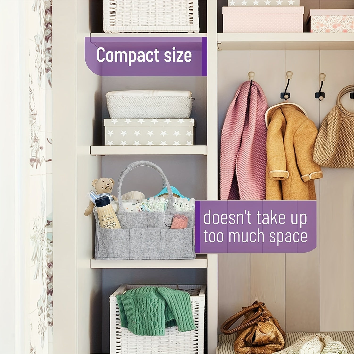 Light Gray Felt Diaper Wipes and Changing Items Storage Bag with Handles