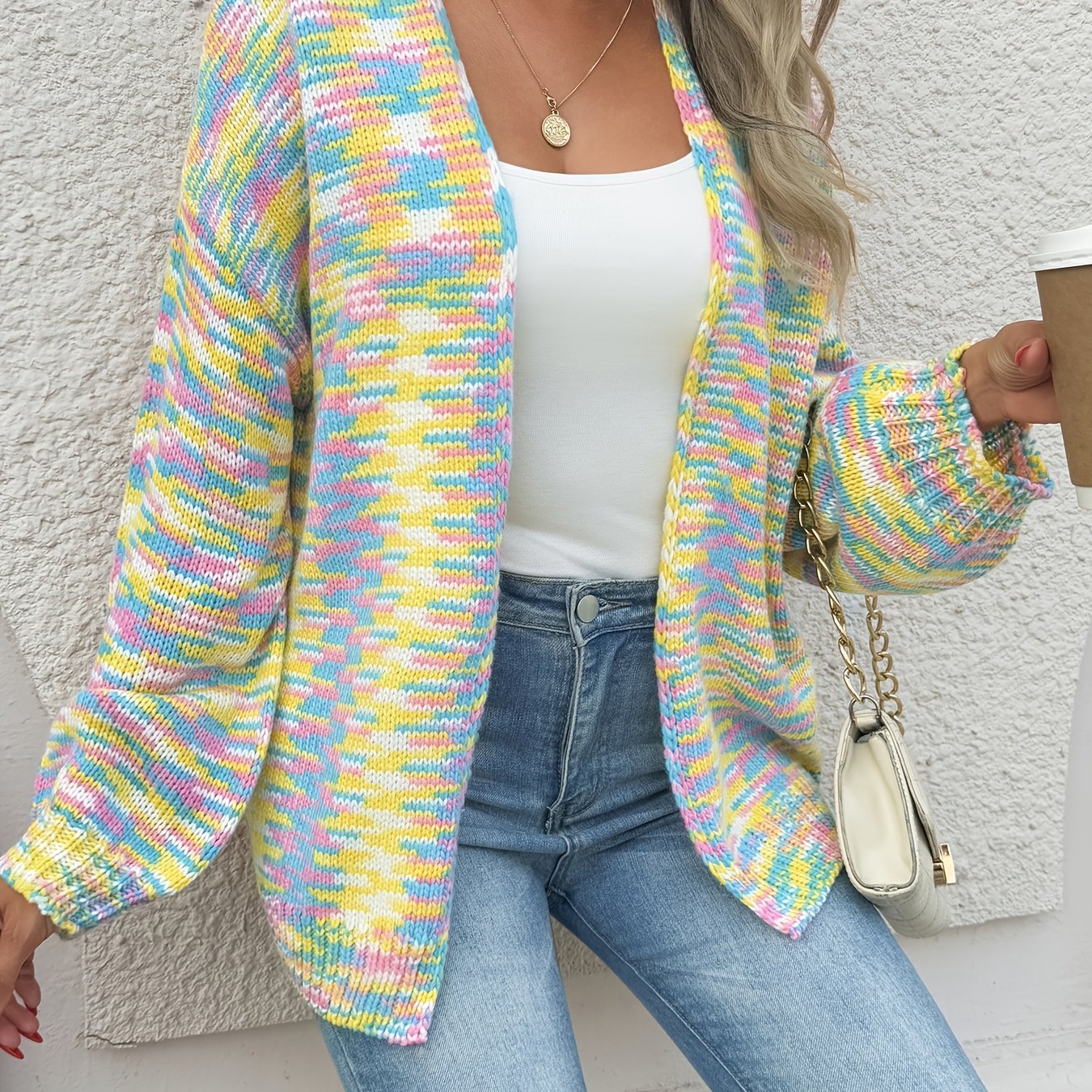 Plus Size Women's Sweater Open Front Colorful Stripes Cozy Fall Winter Pullover