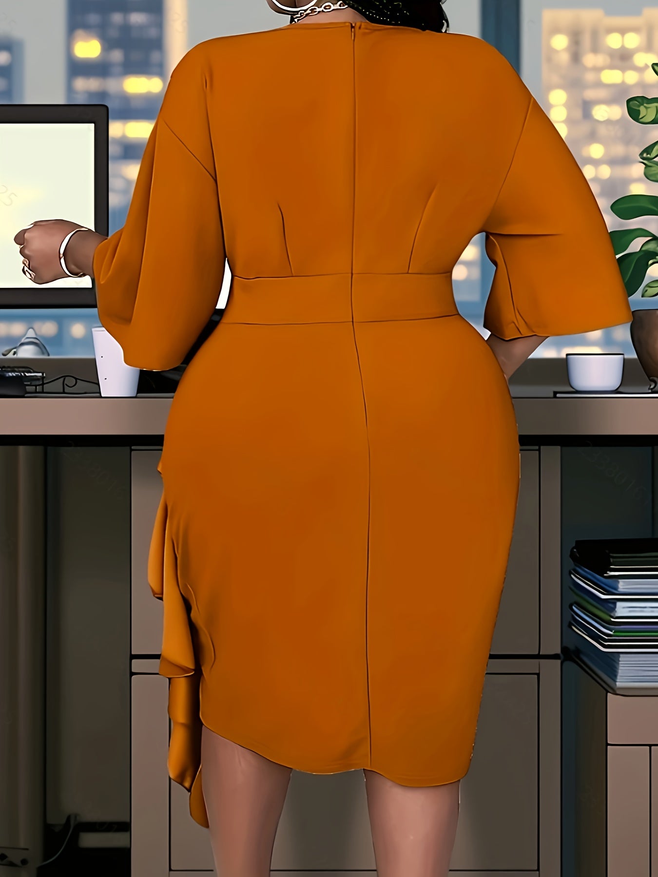 Women's Plus Size Fitted Dress with Ruffled Hem and Waist Cinching