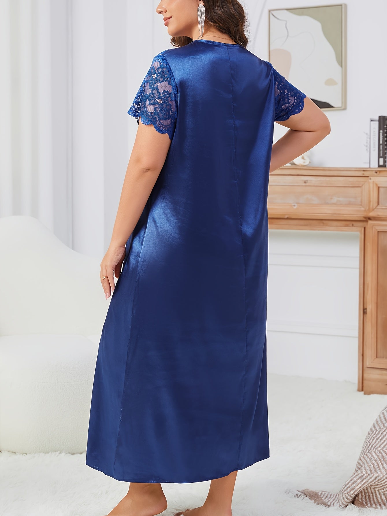 Plus Size Womens Red Lace Trim Sleepshirt Nightgown Long Sleeve All-Season Sleepwear