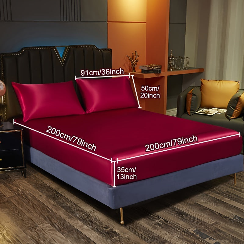 Satin Bedding Set 3 Pieces Fitted Sheet and Pillowcases Solid Color