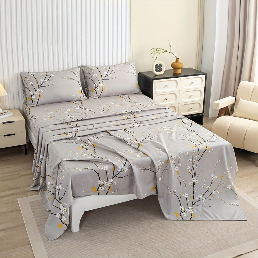 Set of Four Flower Print Fitted Sheets with Pillowcases Breathable Soft Cotton