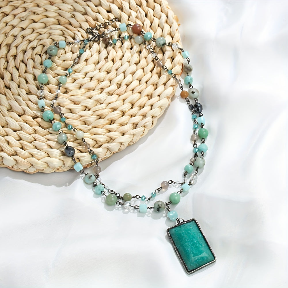 Layered Stone Necklace for Women Boho 2-Tier Natural Gemstones Glass Beads Black Chain
