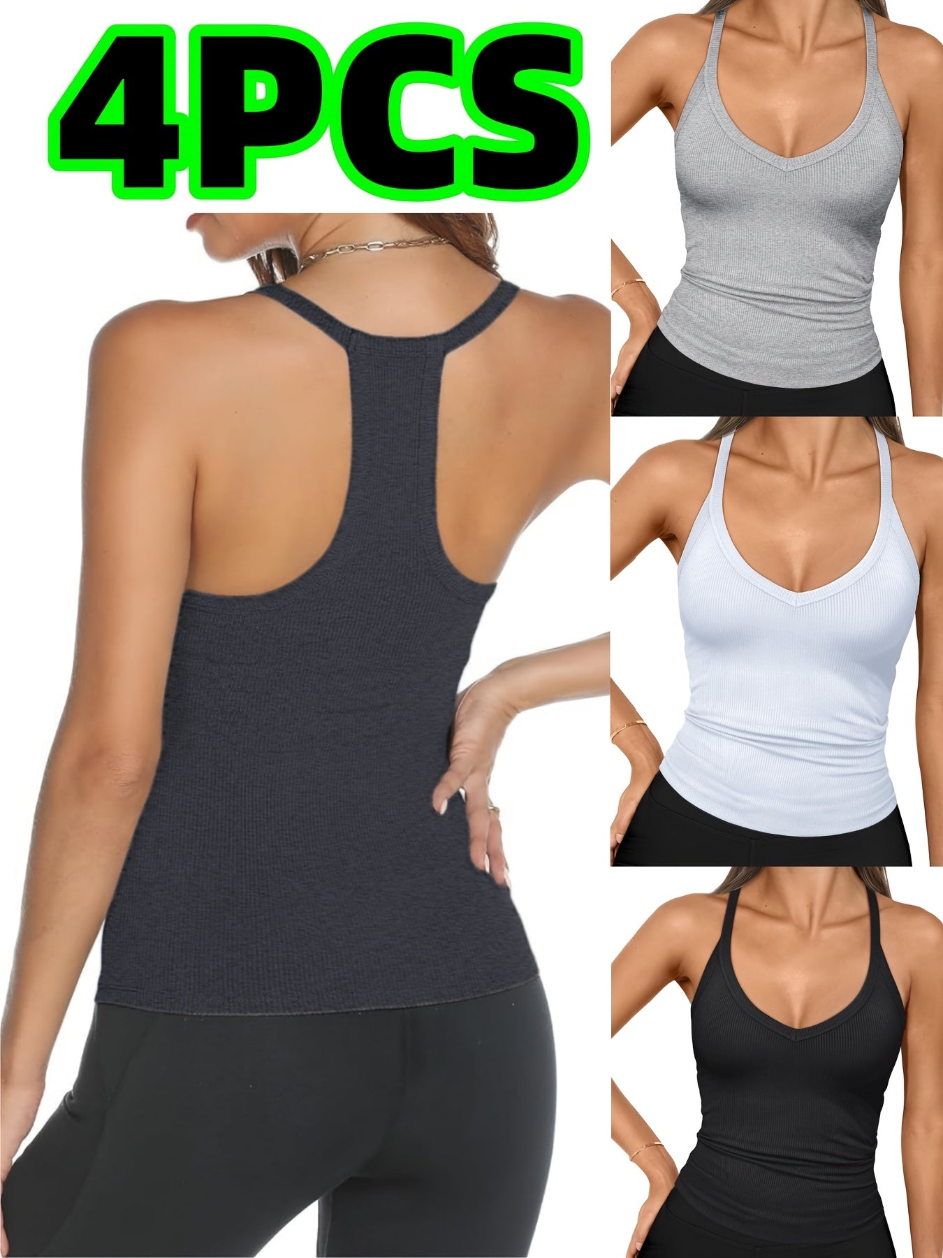 4-Pack Women's V-Neck Camisole Tops Polyester Stretch Knit Sleeveless Slim Fit
