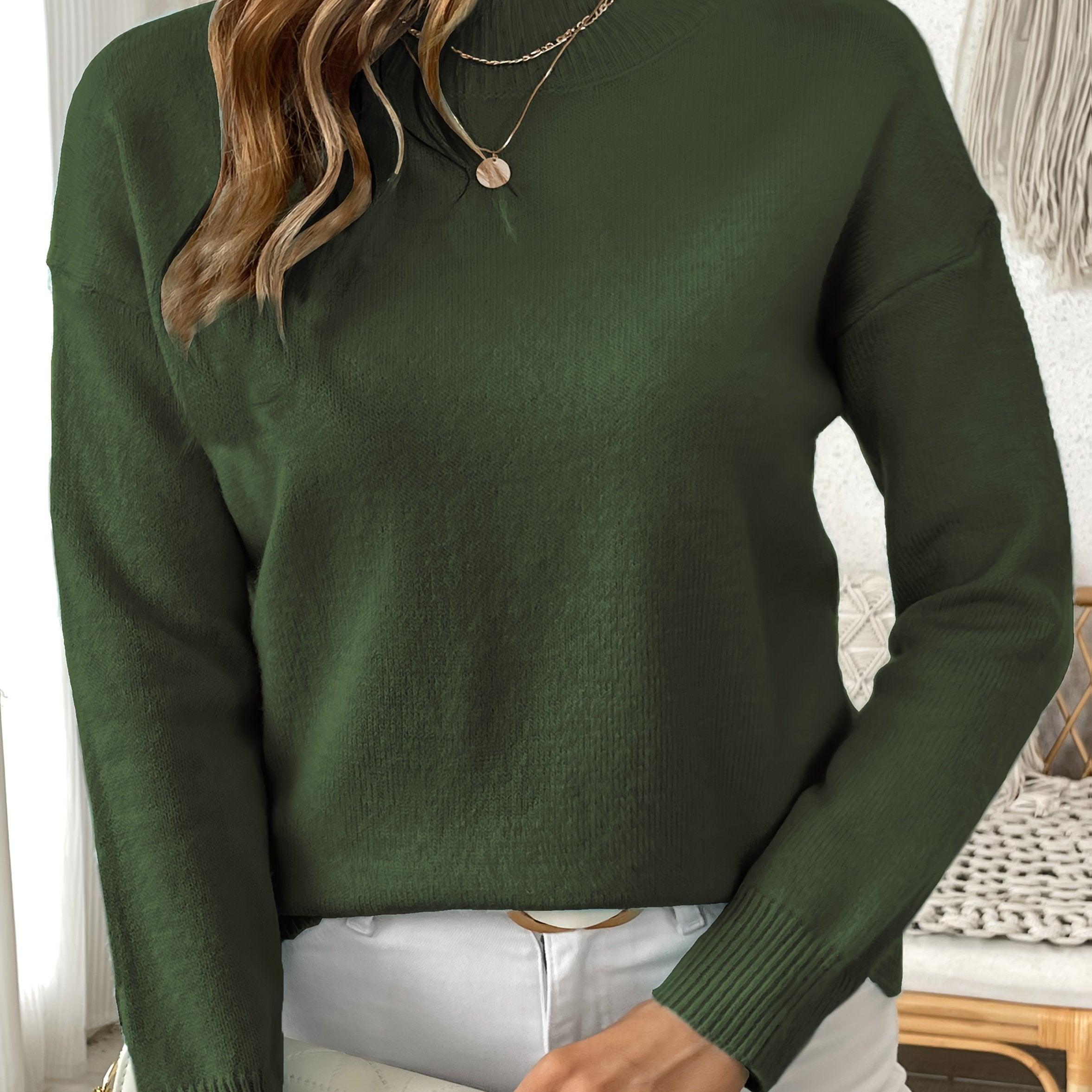 Women's Solid Color Crew Neck Sweater Long Sleeve Knit Spring Fall