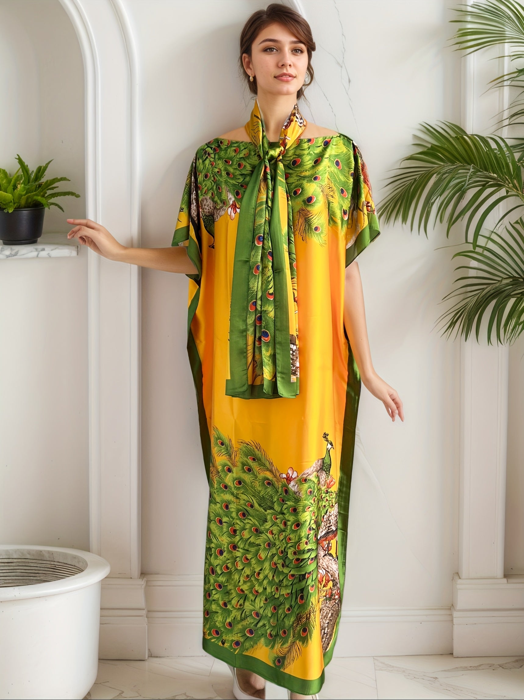 Plus Size Women's Maxi Dress with Peaocak Print, Short Sleeves, Green Yellow Blue Floral