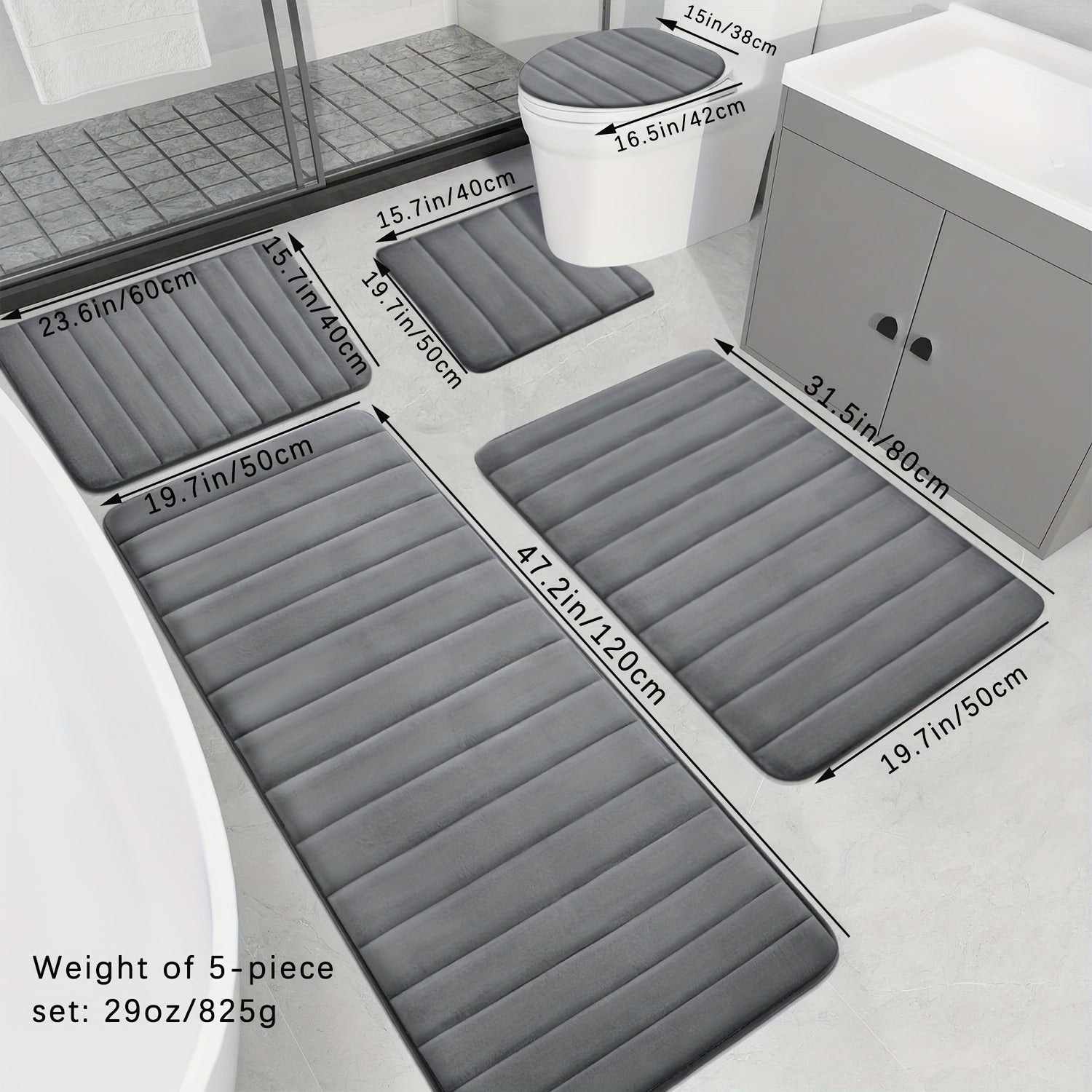 Набор из 5 ковриков для ванной из памяти с нескользящей, впитывающей мягкой полиэстеровой тканью в черном, сером, синем и коричневом цветах