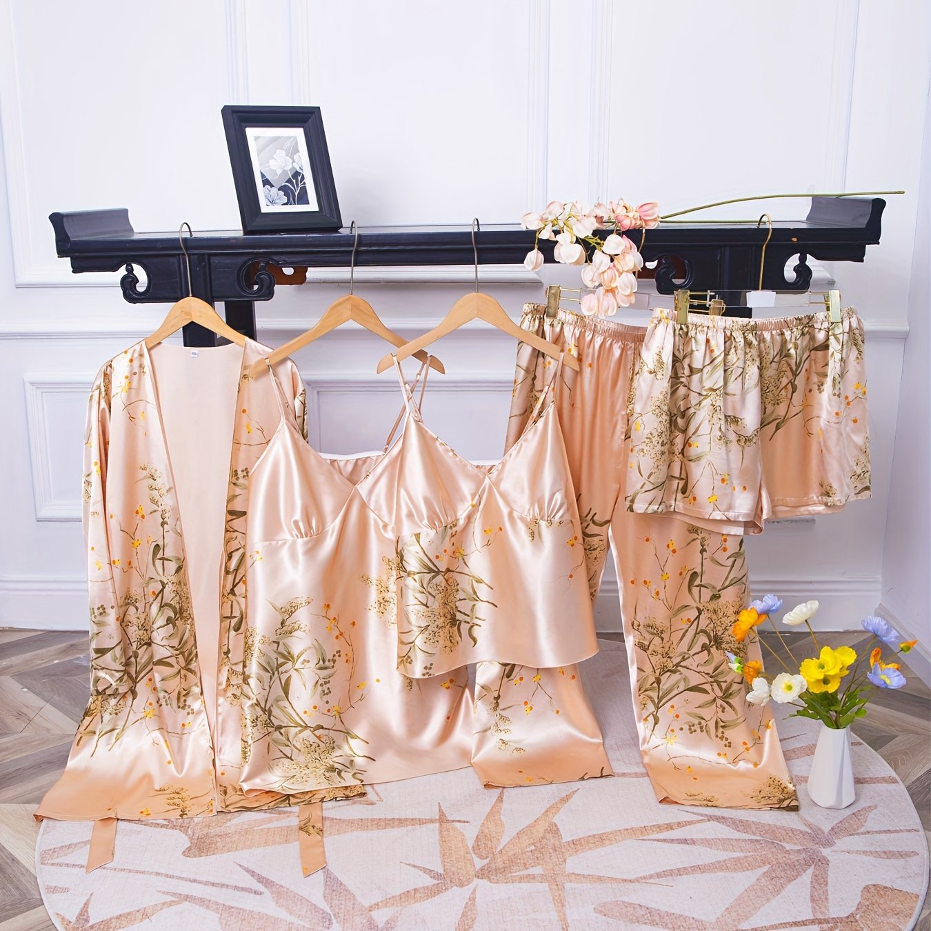 Plus-Size Women's Printed Loungewear Set with Camisole Dress Shorts Pants and Robe for Fall Winter