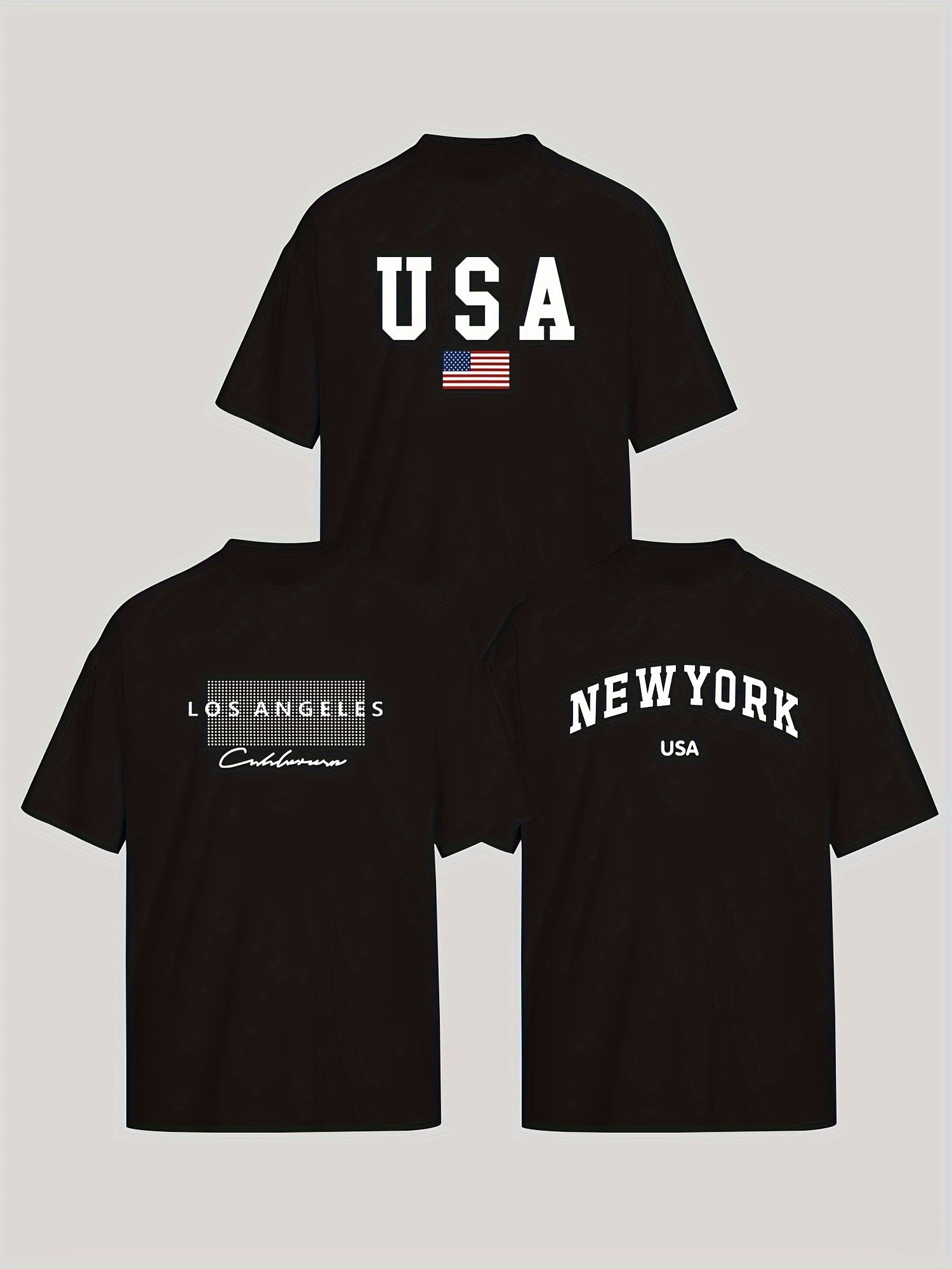 Men's and Women's Short Sleeve T-Shirts Set of 3 with Los Angeles, New York, USA Prints Breathable Polyester