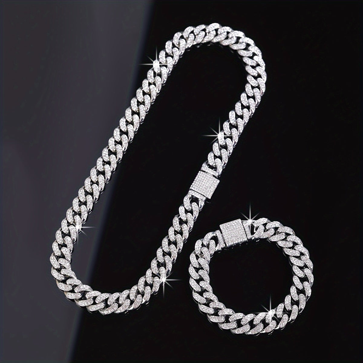 Set of 2 Hip Hop Style Necklace and Bracelet Jewelry for Men Women