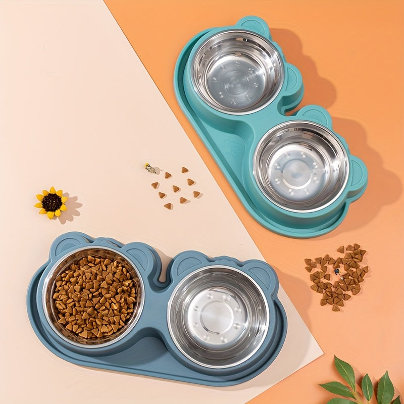 Stainless Steel Double Dog Bowls Set on Spill-Proof Stand for Drinking and Feeding