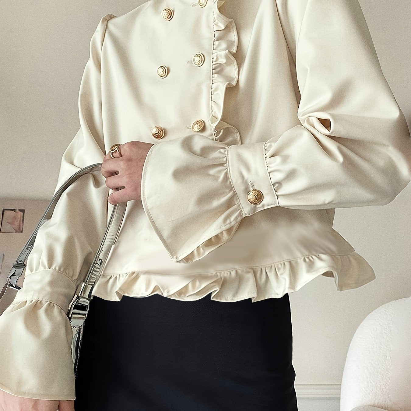 Women's Cream Ruffle Trim Blouse with Stand Collar Polyester Elegant Top