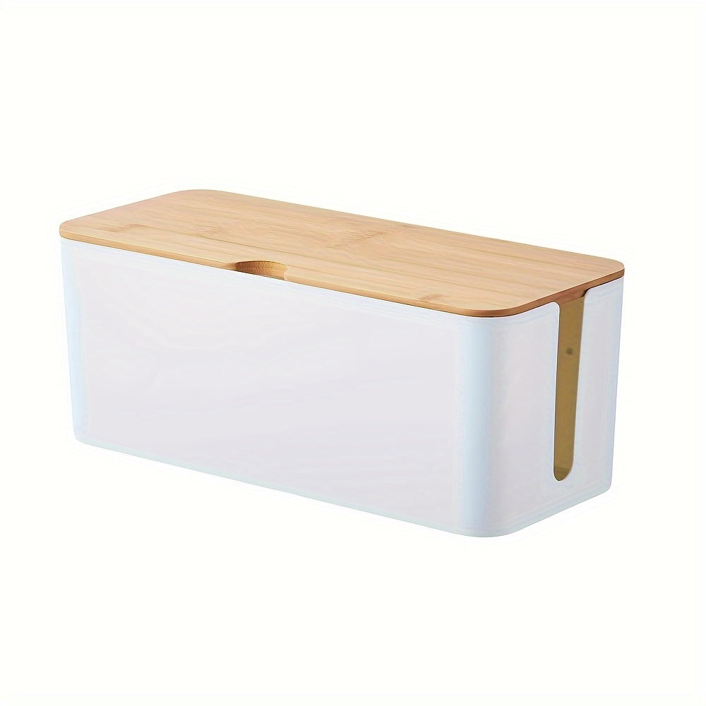 Caja de almacenamiento de escritorio con tapa de madera de bambú para organización de cables y maquillaje