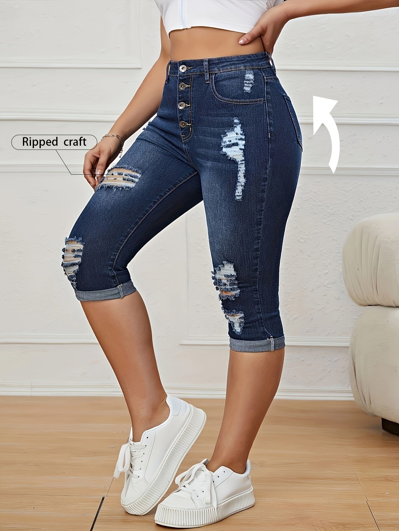 Women's Plus Size Ripped High Rise Denim Capri Jeans with Roll-Up Hem