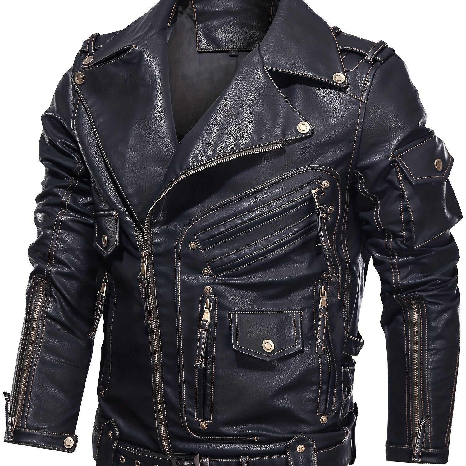 Men's Black Biker Jacket with Zipper Pockets Studded Details Polyester Lining Loose Fit Spring Fall