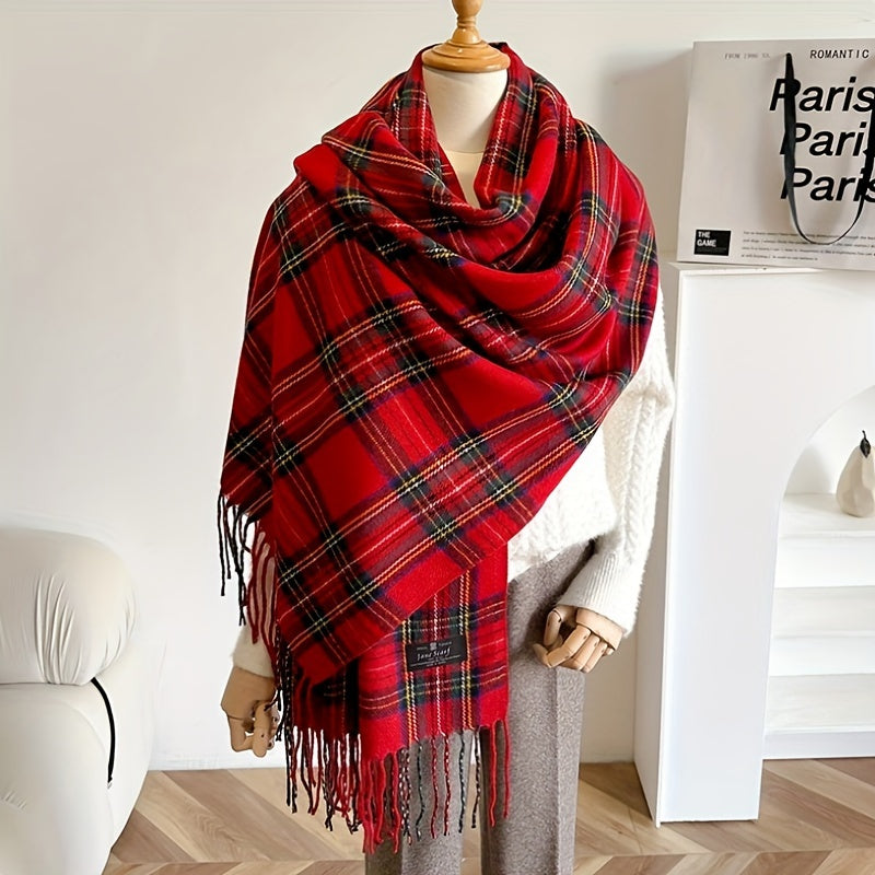 Women's Red Plaid Faux Cashmere Scarf with Tassel, Two-Way Wear, Breathable Polyester