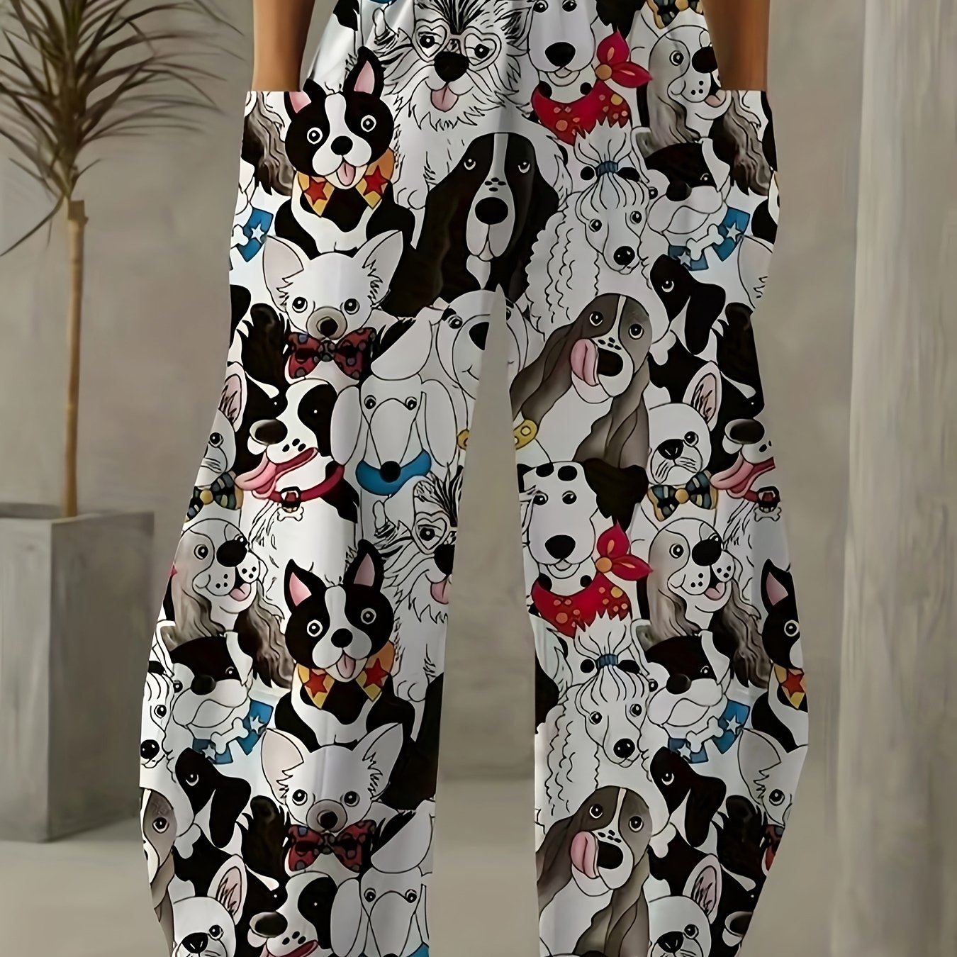 Pantalones anchos de mujer de talla grande con estampado de perros, pantalones casuales de poliéster con cintura elástica