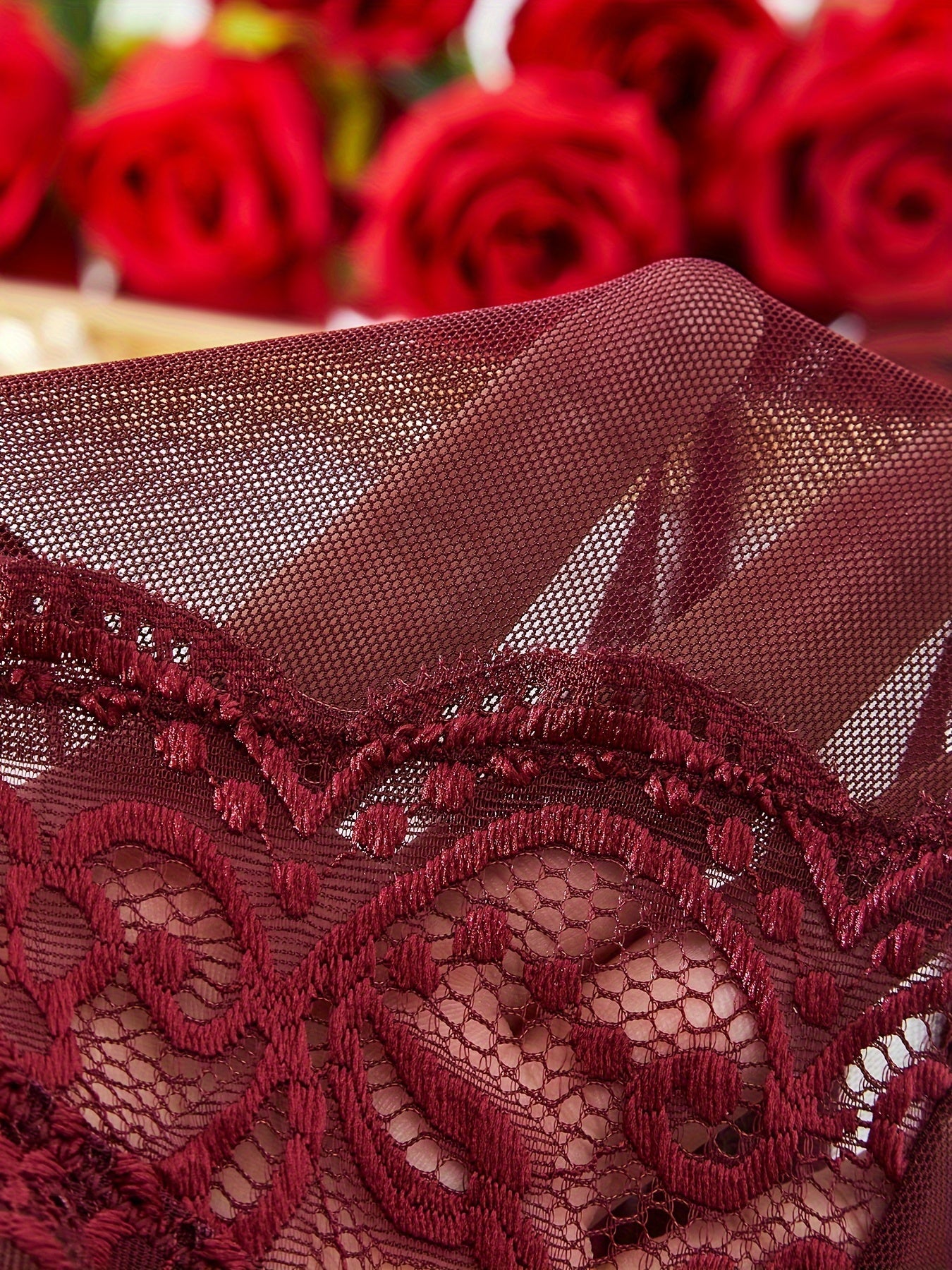 Бургундский кружевной пижамный комплект для женщин, без пояса и подкладки, средняя поддержка, изготовлен из взрослой трикотажной полиэстеровой ткани, идеален для экзотического нижнего белья и ночной одежды.