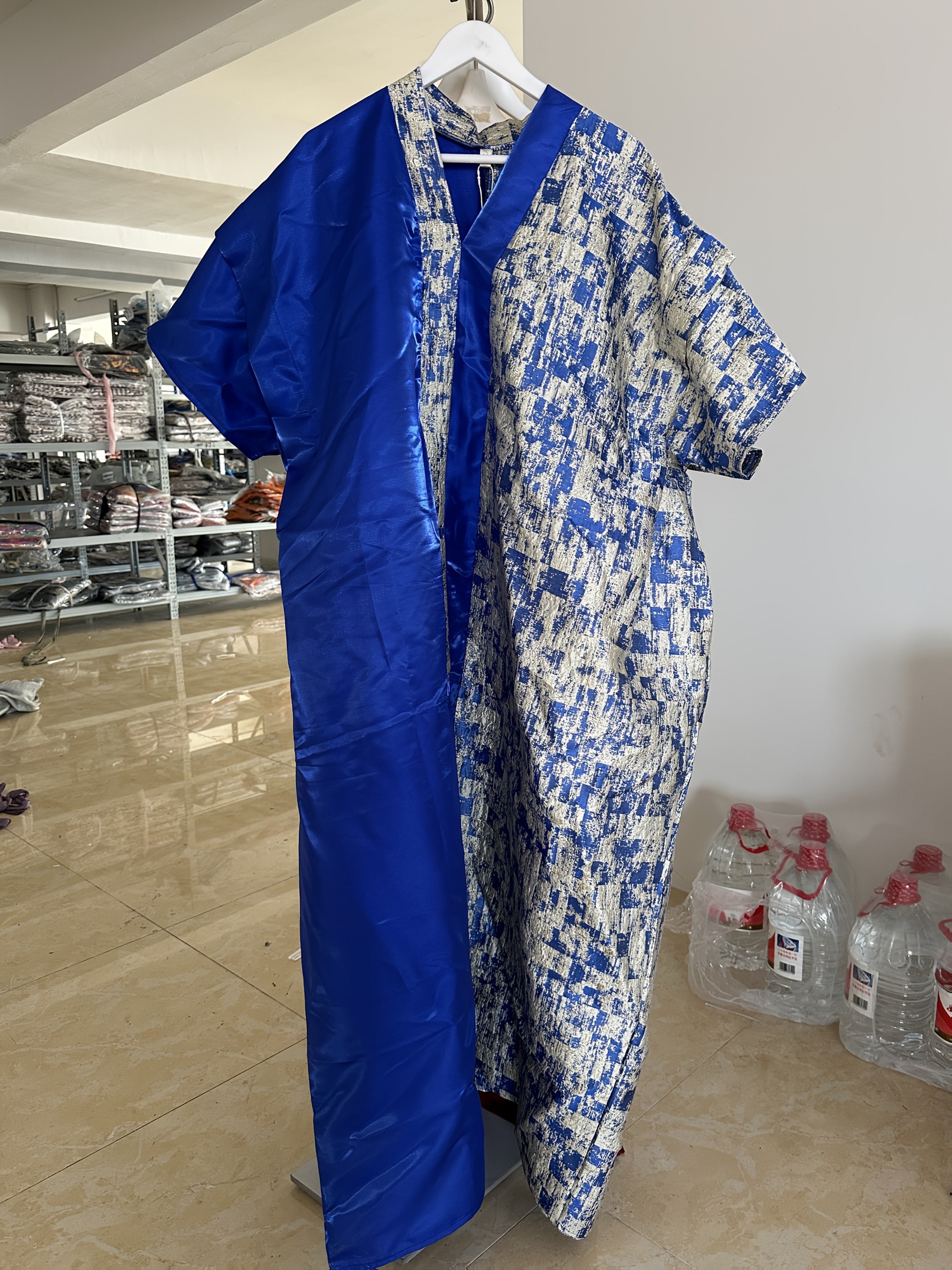 Women's Blue Gold Floral Jacquard Kaftan Dress with V-Neck Long Sleeves