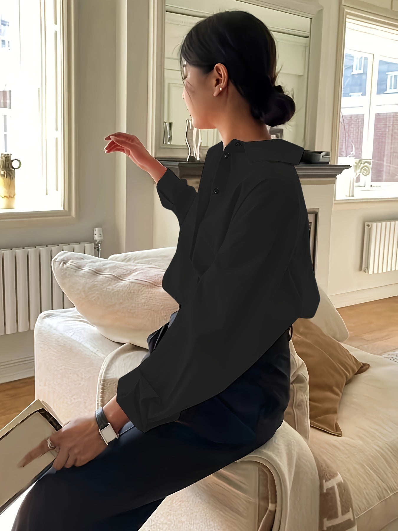 Блузка для женщин больших размеров делового стиля с длинным рукавом, лацканом, пуговицами, однотонная, из полиэстера, тканая, для всех сезонов