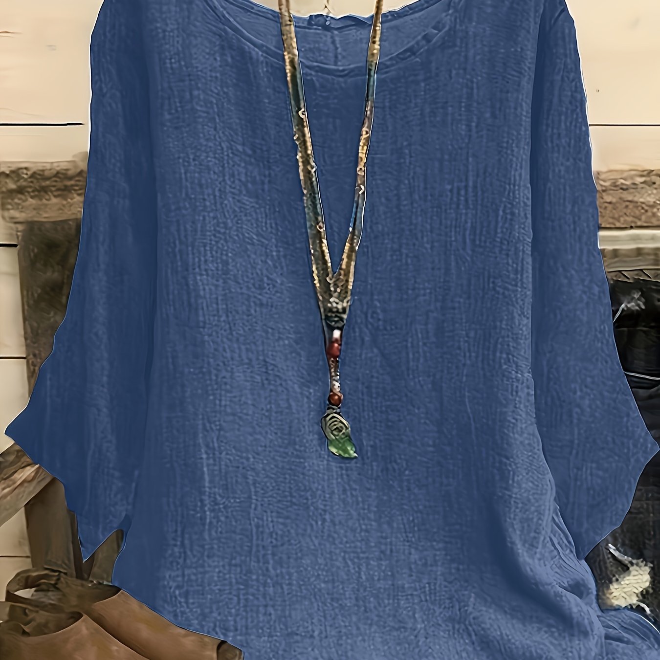 Camiseta de manga larga para mujer talla plus, de cuello redondo, de color sólido, ajuste holgado y relajado