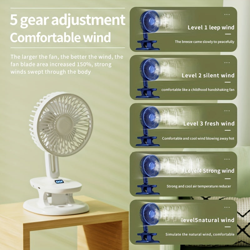 Portable USB Fan with Clamp and Stand, Handheld Shaking Head, Rechargeable Battery