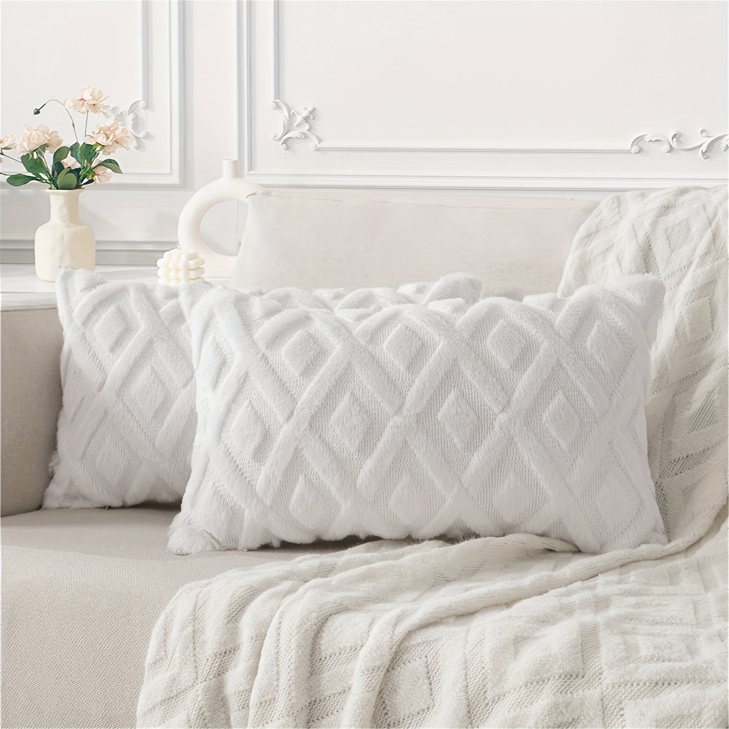 Beige Faux Wool Throw Pillow Covers 18x18 Inches for Couch Sofa Decor