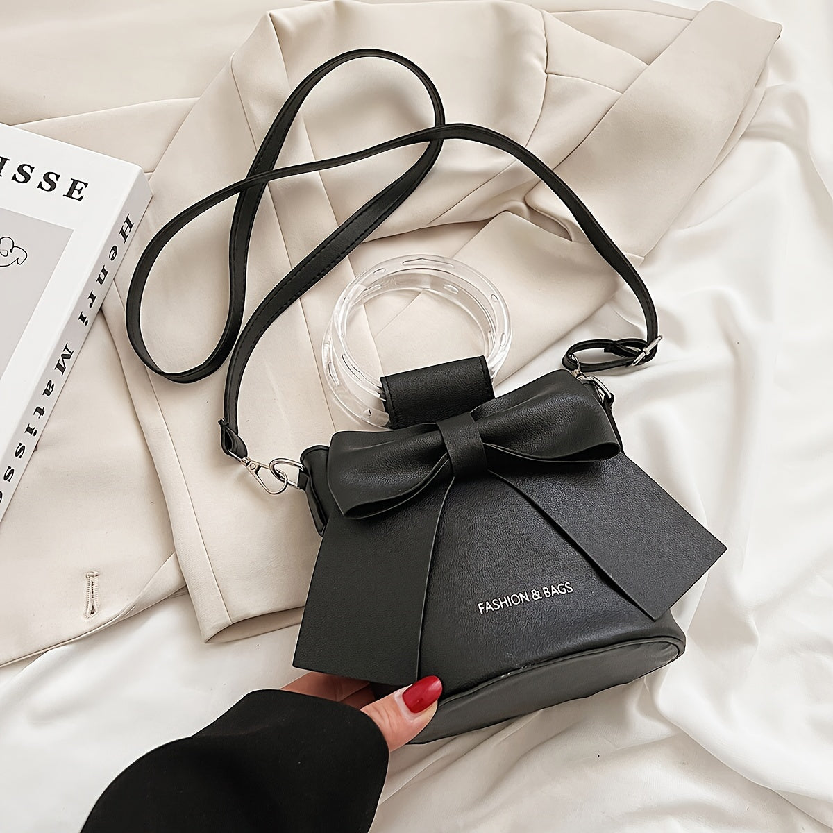 Women's Bucket Bag with Detachable Strap Bow Accent in Black White Pink Blue