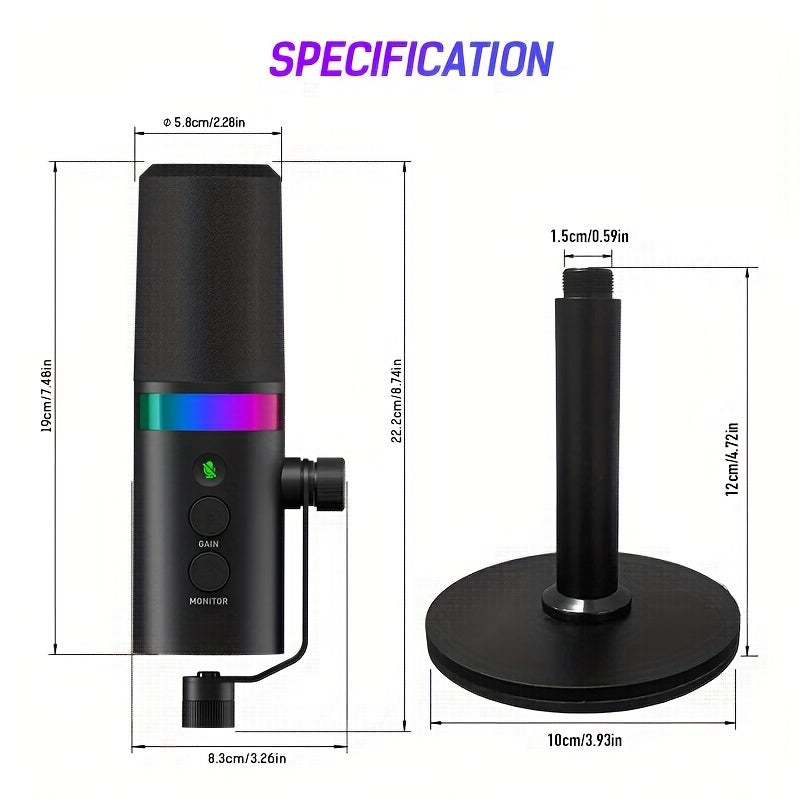 Динамический микрофон с RGB-подсветкой, функцией отключения звука, металлическим корпусом для стриминга, игр, записи и озвучивания