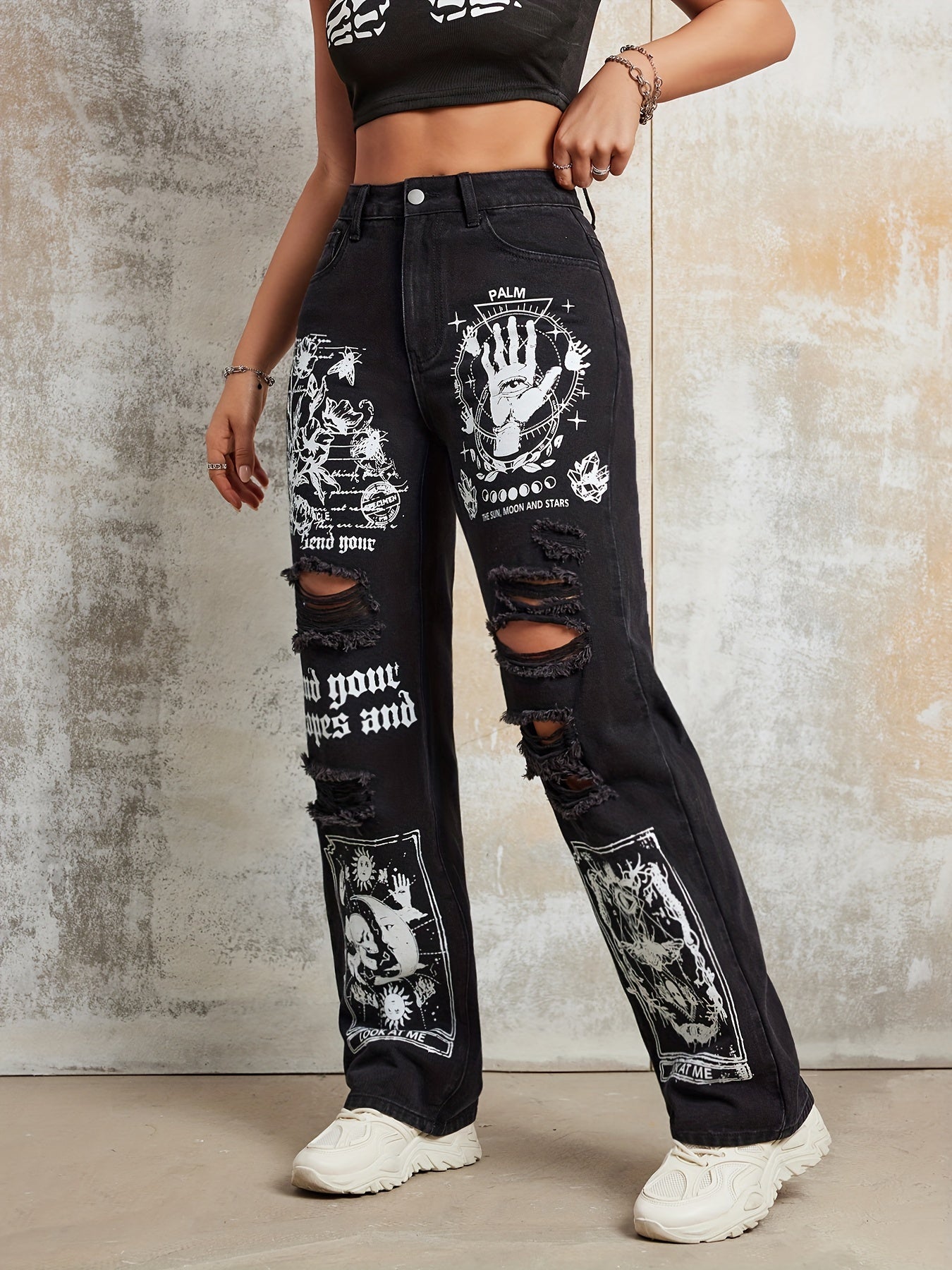 High Waist Denim Pants with Cartoon Pattern Ripped Straight Leg for Casual Wear