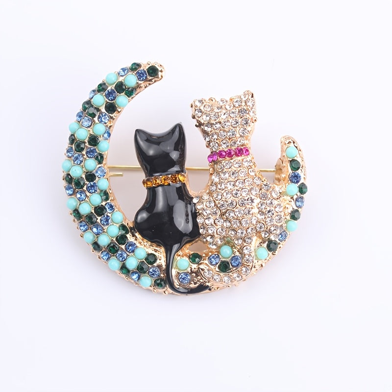 Rhinestone Cat and Moon Brooch Pin Alloy Fashion Accessory for Women