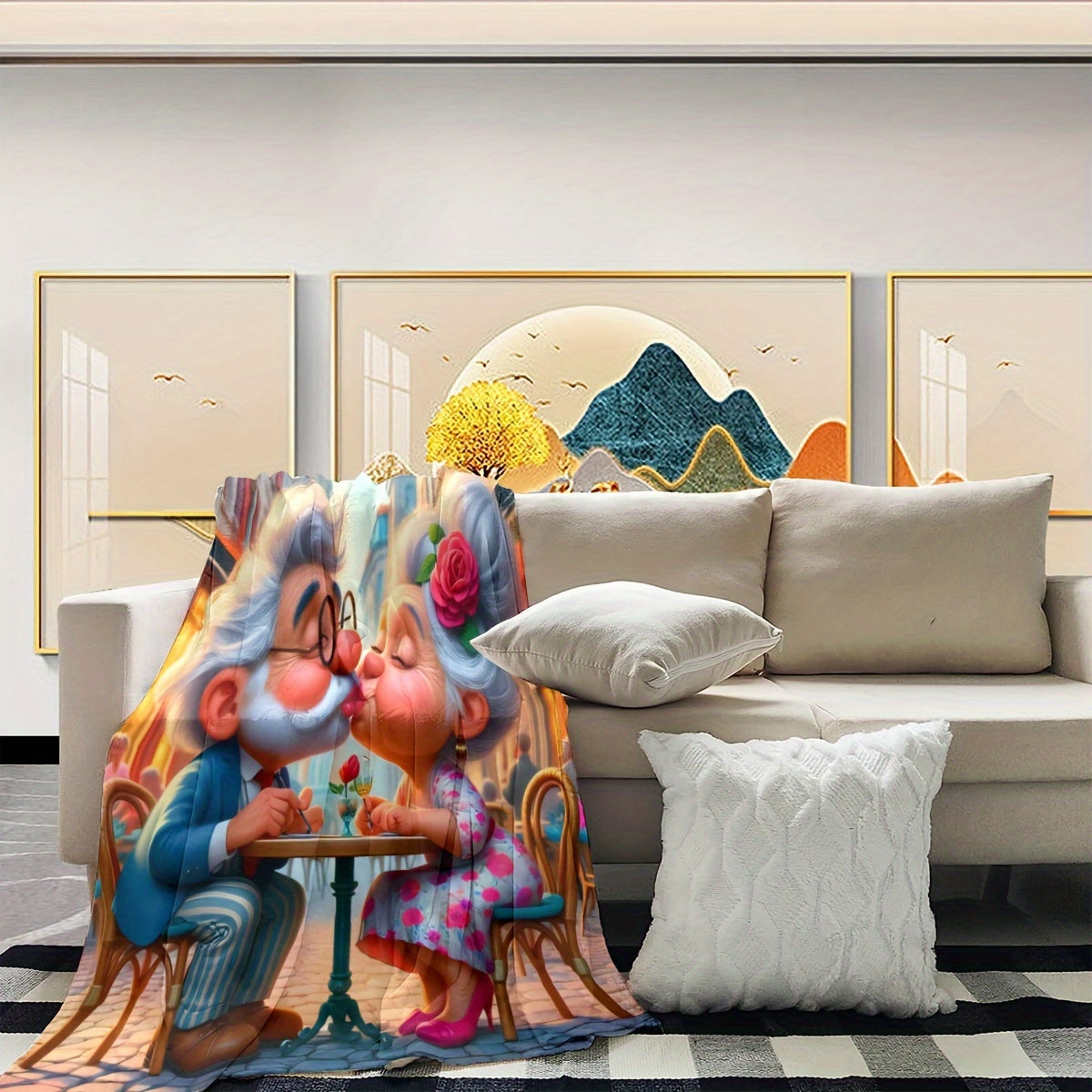 Cozy Flannel Fleece Throw Blanket with Grandpa and Grandma Print for Living Room Sofa